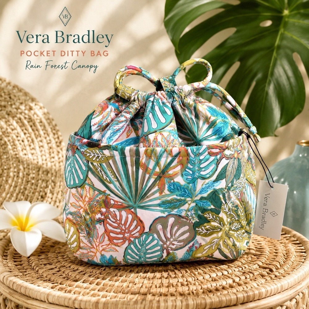NWT Vera Bradley Pocket Ditty Bag Rain Forest Canopy Tropical Drawstring Tote